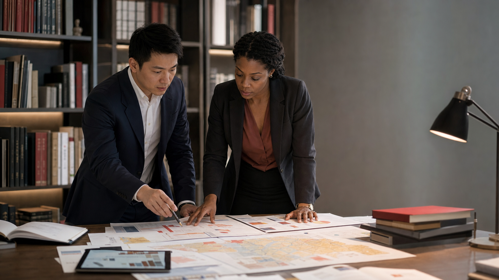 Research professionals comparing market evidence, reports and analytical findings